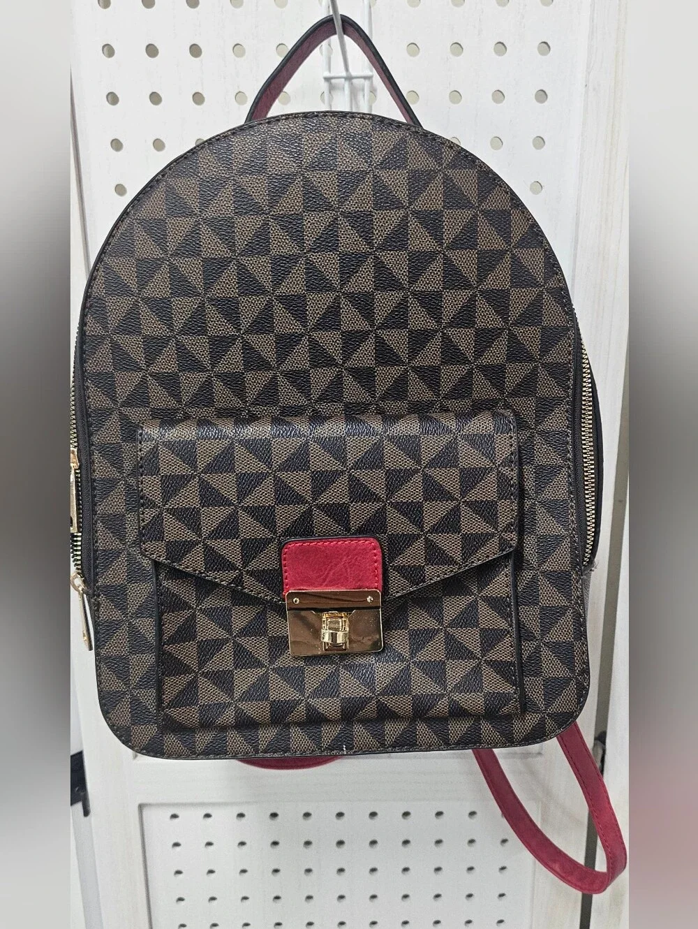 Source Unknown Brown Geometric Backpack with Red Accent